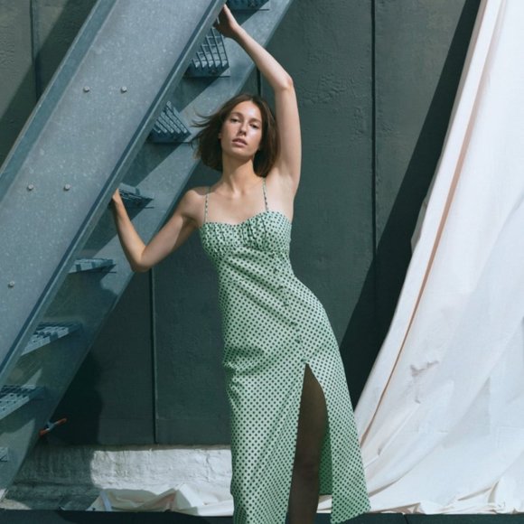 Zara Turquoises Linen Blend Polka Dot Dress - Picture 9 of 10